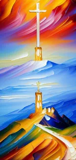 Vibrant abstract landscape with cross and fiery sky design.