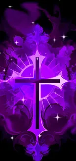 Vibrant purple cross wallpaper with mystical elements.