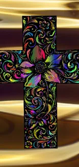 Colorful floral cross on glowing dark background wallpaper.