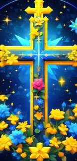 Colorful cross adorned with vibrant flowers.