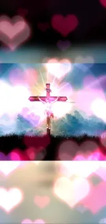 Radiant cross with pink heart shapes in the sky background wallpaper.