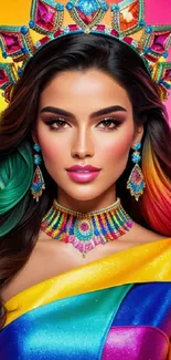 Vibrant queen with rainbow jewels and a crown in colorful artistry.