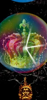 Vibrant rainbow crown inside a glowing bubble on dark background.