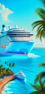 Colorful cruise ship and tropical paradise on mobile wallpaper.