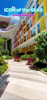 Cruise ship courtyard with greenery and colorful design.