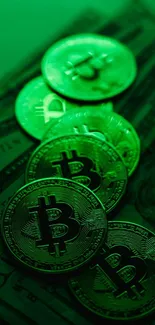 Glowing green Bitcoin coins over US dollar bills mobile wallpaper.