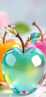 Vibrant crystal apples with colorful reflections.