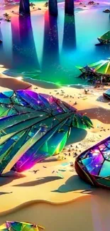 Vibrant crystal beach in fantasy art wallpaper.