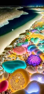 Colorful crystals on a serene night beach with ocean waves.