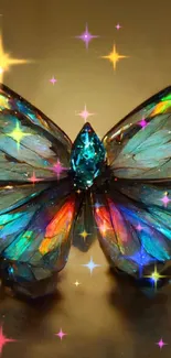 Vibrant crystal butterfly with colorful wings on a gold background.