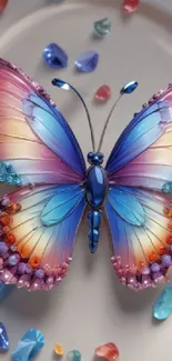 A vibrant crystal butterfly with colorful, jewel-like wings on a phone wallpaper.