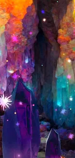 Vivid crystal cave with colorful glowing gems in a mystical setting.