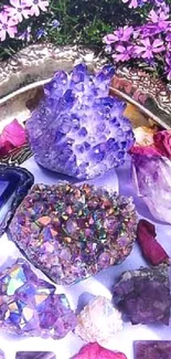 Vibrant collection of crystals with purple flowers.