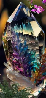 A colorful crystal with vibrant fern patterns on a mobile wallpaper background.