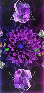 Purple flower with crystals and geometric shapes in a vibrant design.