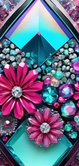 Vibrant teal crystal floral wallpaper design.