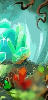 Vibrant crystal forest wallpaper with glowing gems.