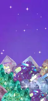 Vibrant mobile wallpaper with colorful crystals on a purple background.