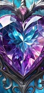 Intricate purple crystal heart with blue center in ornate design.