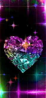 Vibrant multicolored crystal heart on black.