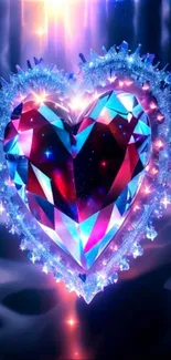 Vibrant crystalline heart emitting colorful glow.