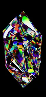 Colorful crystal with rainbow reflections on black background.