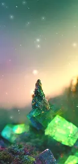 Vibrant green crystal with serene background.