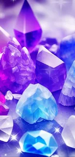 Vibrant crystal wallpaper with purple and blue hues showcasing various gemstones.