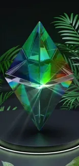 Vibrant crystal with leaves in an emerald green setting mobile wallpaper.