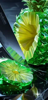 Crystal pineapple with vibrant green slices and knife.