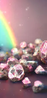 Mobile wallpaper with pink crystals and a vibrant rainbow background.