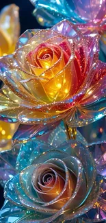 Vibrant multicolored crystal roses with glowing petals.
