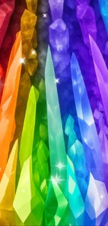 Vibrant rainbow crystals in geometric shapes for a colorful phone wallpaper.