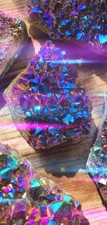 Colorful and sparkling crystal stones on a wooden surface.