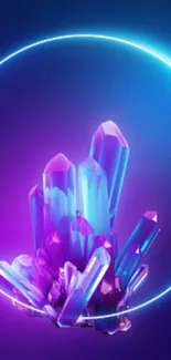 Mobile wallpaper with glowing crystals and a neon light circle.