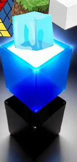 A stack of colorful 3D cubes with a glowing blue center.