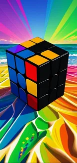 Vibrant Rubik's Cube on a rainbow beach with colorful waves.