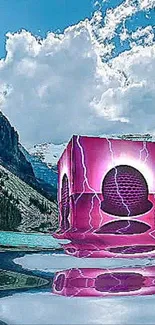 Vibrant pink cube with mountains background.