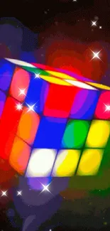 Floating colorful cube with vibrant shades on a dark cosmic background.