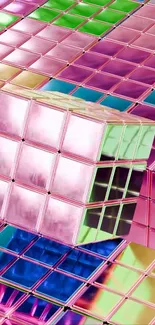 Vibrant cube on colorful tiled surface.