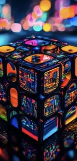 Colorful cubic art with neon and urban reflections.