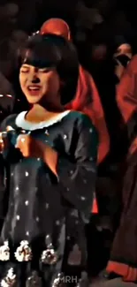 Young girl joyfully participating in a cultural event, wearing traditional attire.