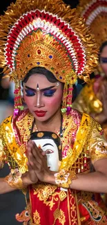 Colorful traditional attire with ornate headpiece and vibrant details.