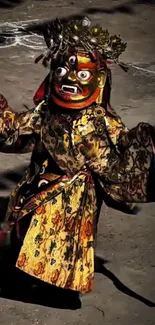 A vibrant cultural dance mask in traditional attire.