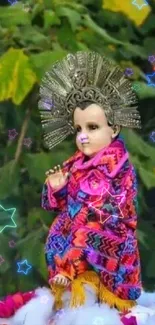 Vibrant cultural doll with leafy background.