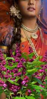 Vibrant cultural wallpaper with traditional attire and flowers.