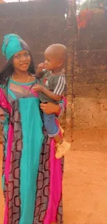 Woman in vibrant traditional attire holding a child against a rustic background.