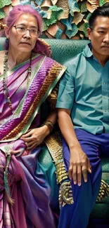 Couple in vibrant attire seated on a textured sofa with colorful backdrop.