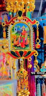 Colorful traditional hanging with intricate details and vibrant colors.