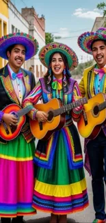 Vibrant street musicians in colorful traditional outfits playing guitars outdoors.